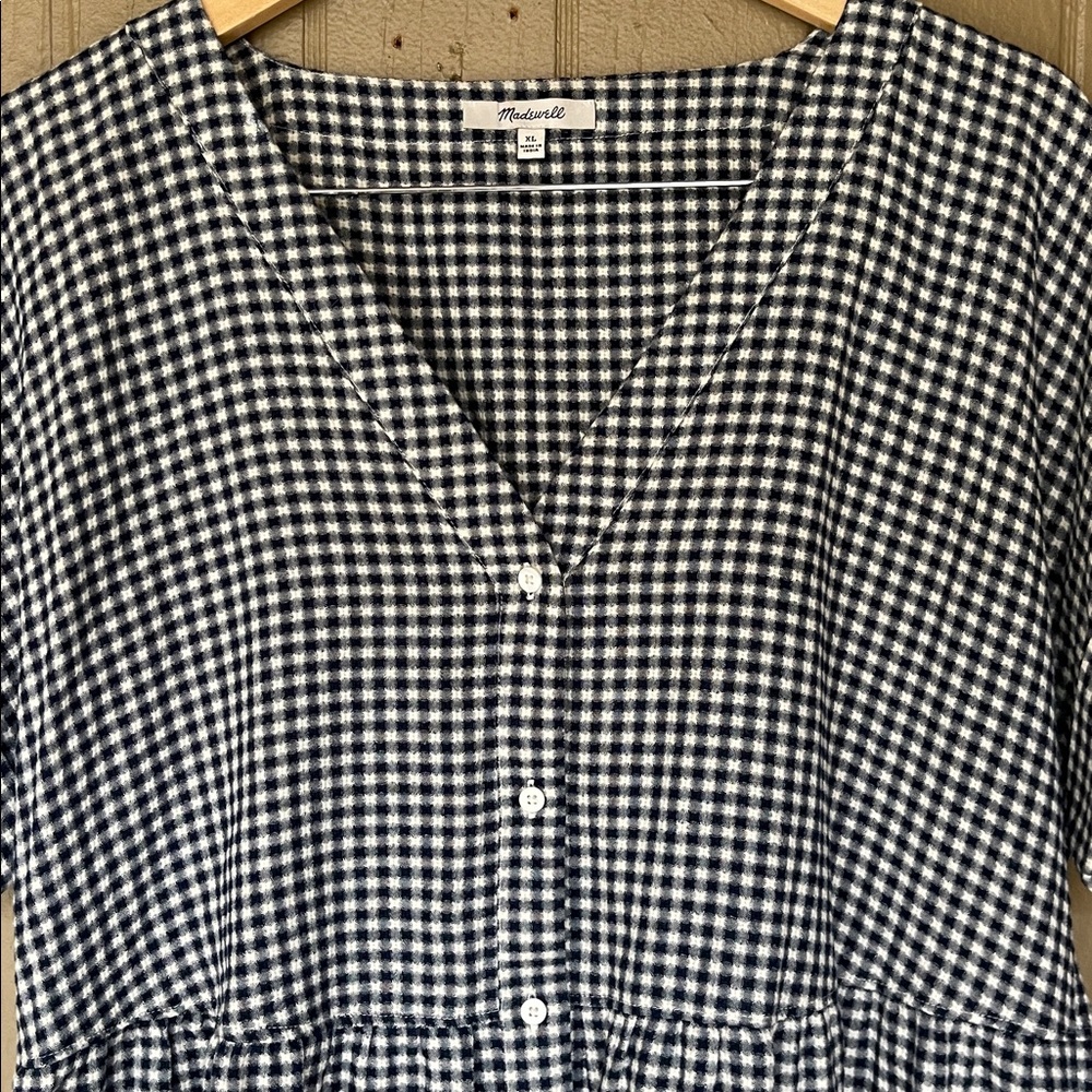 Madewell Cuff-Sleeve Button-Front tiered Mini Dress in Gingham Check XL - Picture 5 of 9